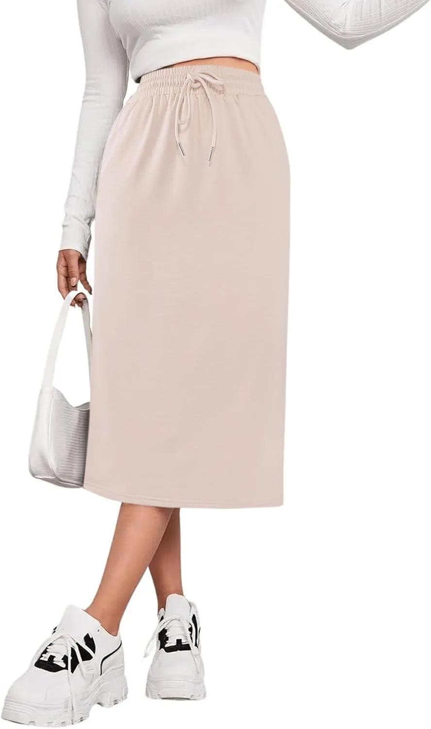 SOFIA'S CHOICE Women's Midi Skirt Drawstring High Waist Sweat Skirts with Pockets