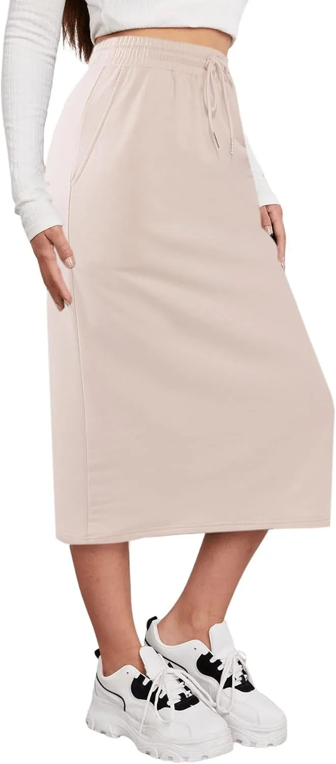 SOFIA'S CHOICE Women's Midi Skirt Drawstring High Waist Sweat Skirts with Pockets