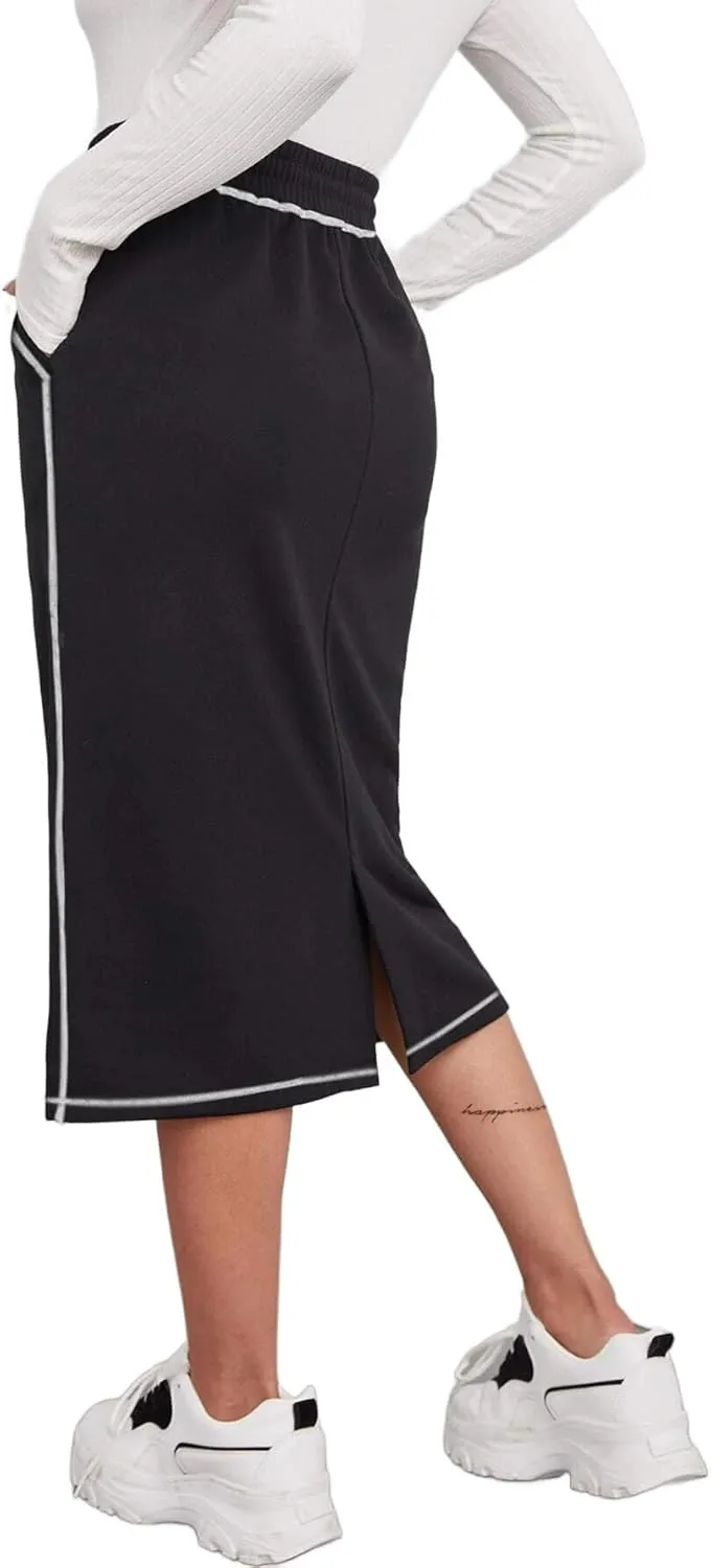 SOFIA'S CHOICE Women's Midi Skirt Drawstring High Waist Sweat Skirts with Pockets