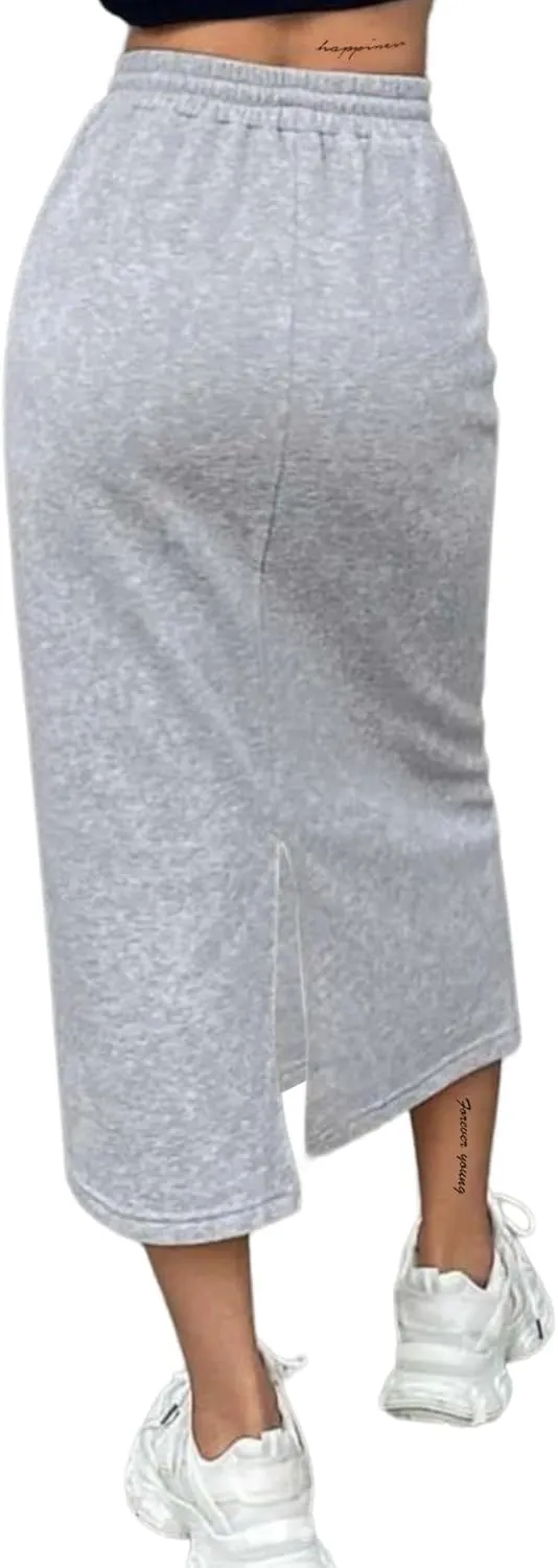 SOFIA'S CHOICE Women's Midi Skirt Drawstring High Waist Sweat Skirts with Pockets
