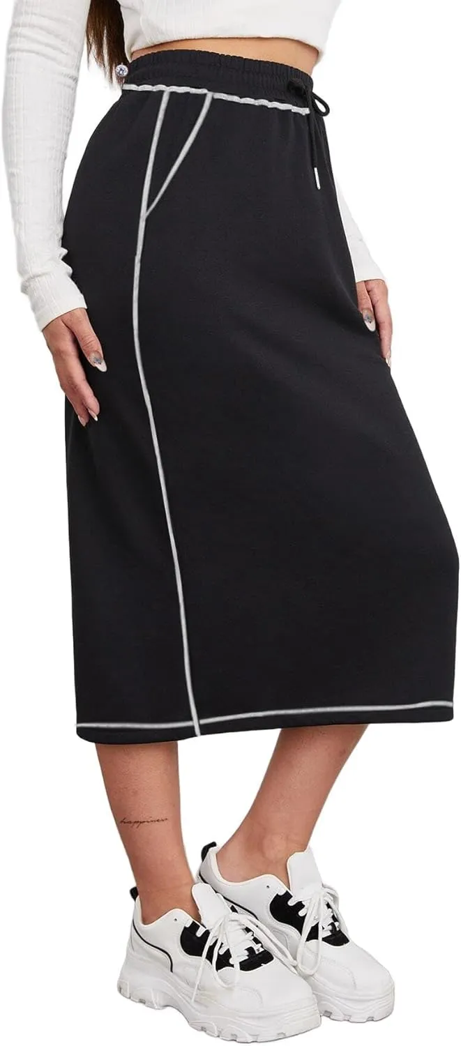 SOFIA'S CHOICE Women's Midi Skirt Drawstring High Waist Sweat Skirts with Pockets