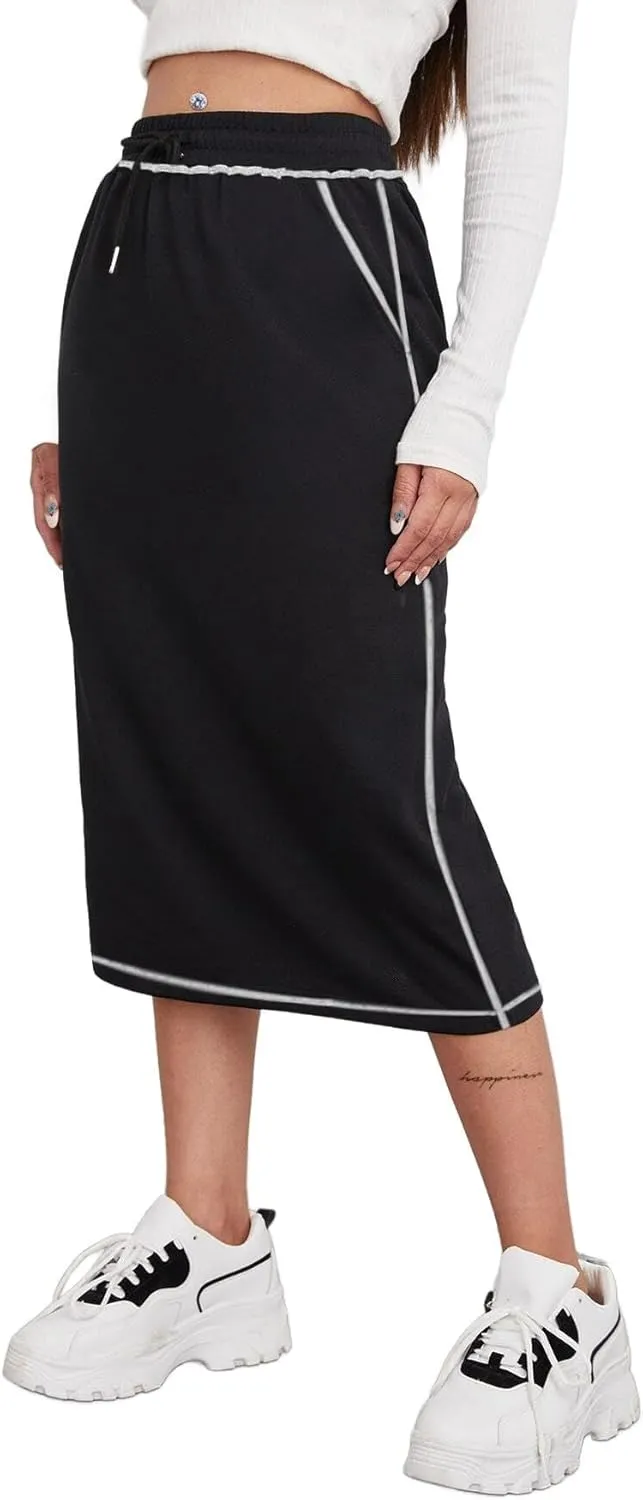 SOFIA'S CHOICE Women's Midi Skirt Drawstring High Waist Sweat Skirts with Pockets