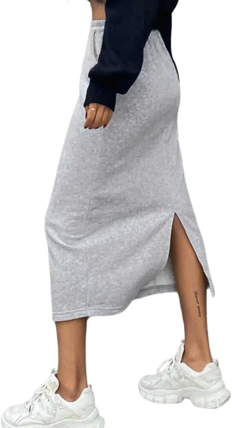 SOFIA'S CHOICE Women's Midi Skirt Drawstring High Waist Sweat Skirts with Pockets
