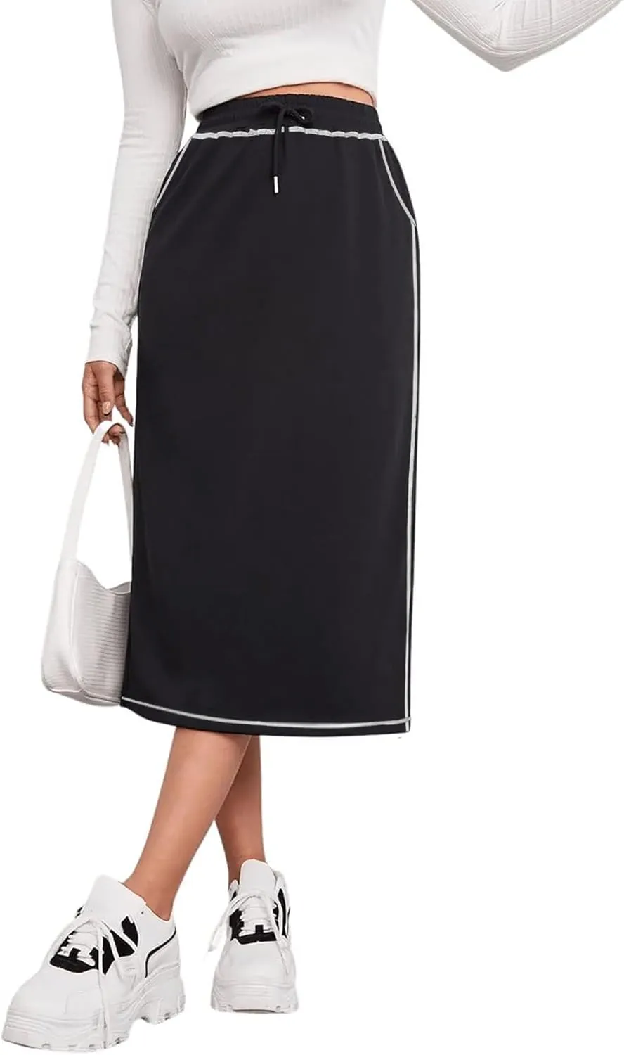 SOFIA'S CHOICE Women's Midi Skirt Drawstring High Waist Sweat Skirts with Pockets