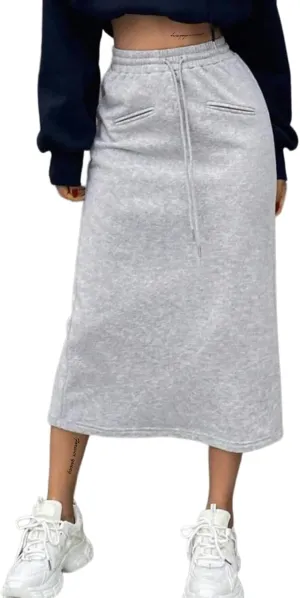 SOFIA'S CHOICE Women's Midi Skirt Drawstring High Waist Sweat Skirts with Pockets