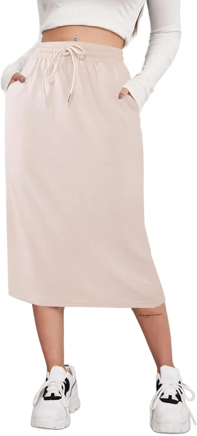 SOFIA'S CHOICE Women's Midi Skirt Drawstring High Waist Sweat Skirts with Pockets