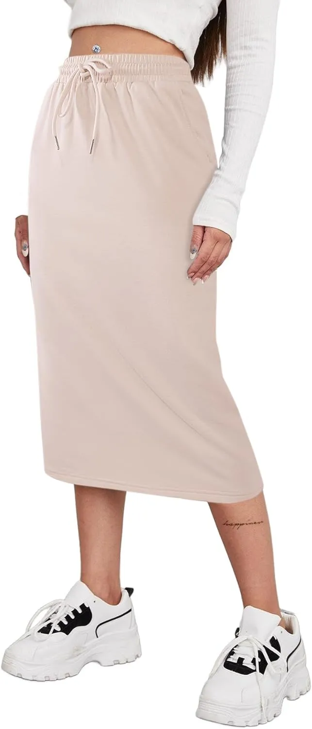 SOFIA'S CHOICE Women's Midi Skirt Drawstring High Waist Sweat Skirts with Pockets