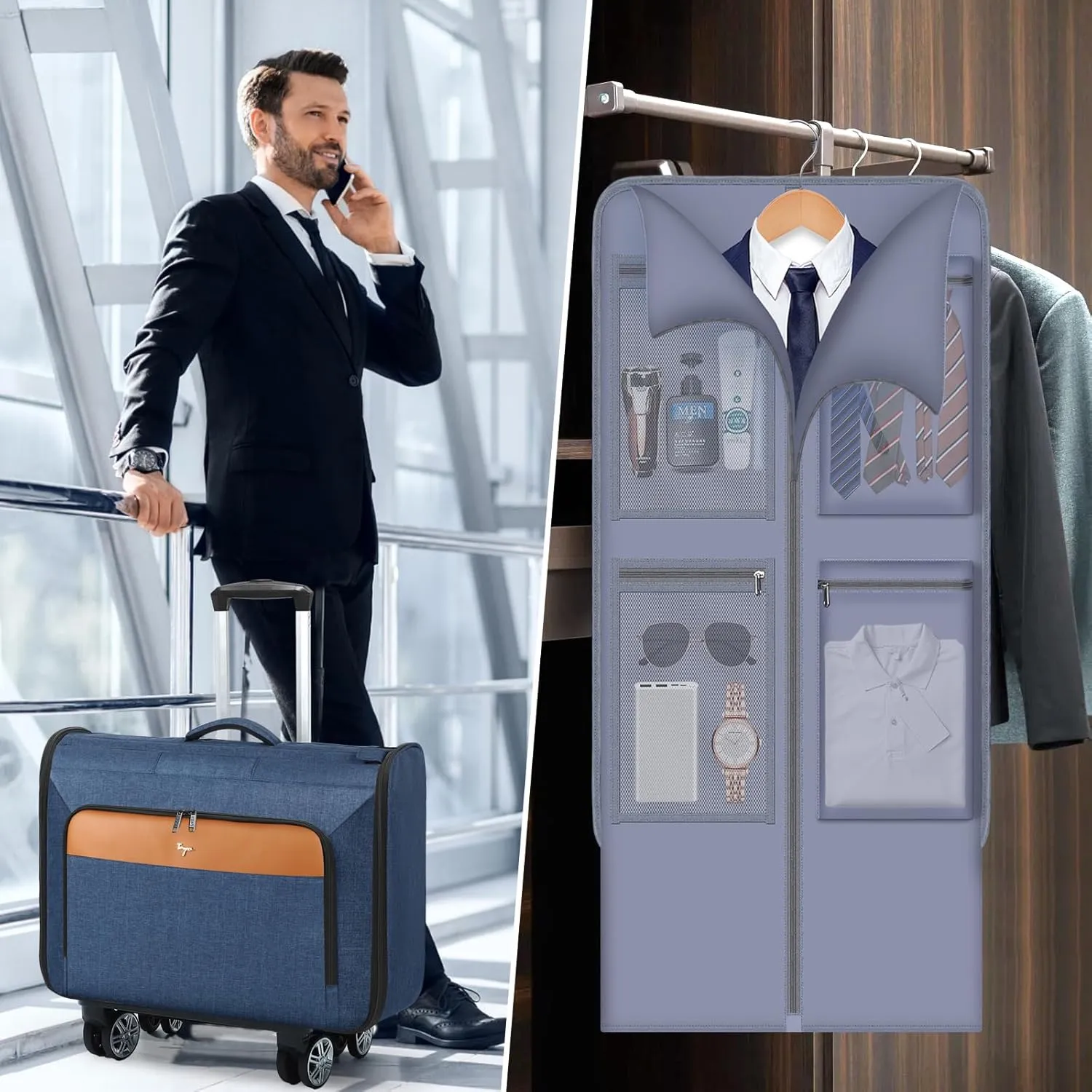 Softside Rolling Garment Bags, Large Rolling Duffle Garment Bag with Wheels, 3 in 1 Carry On Garment Suit Luggage Bag for Women Men，Business Travel Weekender, Blue