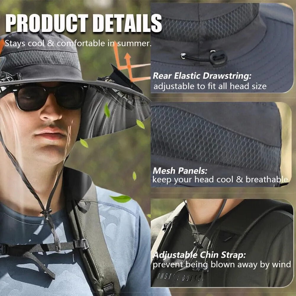 Solar Fan Hat for Men Women,UPF50  Sun Bucket Hat with 2 Solar Fans,Wide Brim Sun Hats for Outdoor Fishing,Hiking, Beach