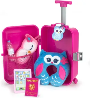 Sophia's Travel Accessories Plus Suitcase Set with Sleeping Mask, Neck Pillow, Tablet, Passport, Luggage Tag and Water Bottle for 18" Dolls, Pink/Blue