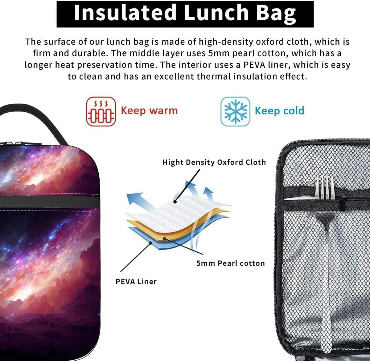 Space abstract Insulated Iunch Bag for Men Woman Large Portable Waterproof Reusable Thermal Lunch Box with Pockets for Work Travel Picnic