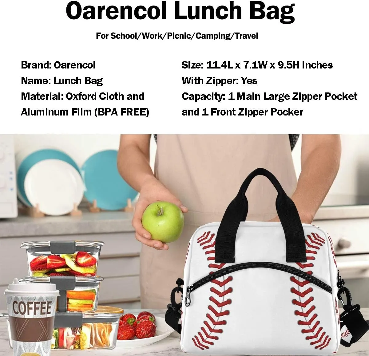 Sport Baseball Print Pattern Insulated Lunch Tote Bag Reusable Cooler Lunch Box with Shoulder Strap for Women Men Work Picnic School Beach