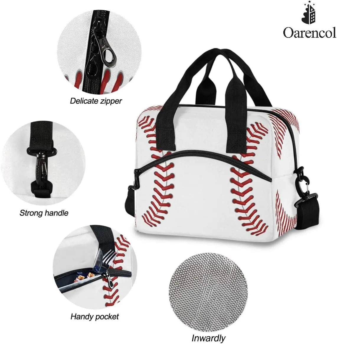 Sport Baseball Print Pattern Insulated Lunch Tote Bag Reusable Cooler Lunch Box with Shoulder Strap for Women Men Work Picnic School Beach