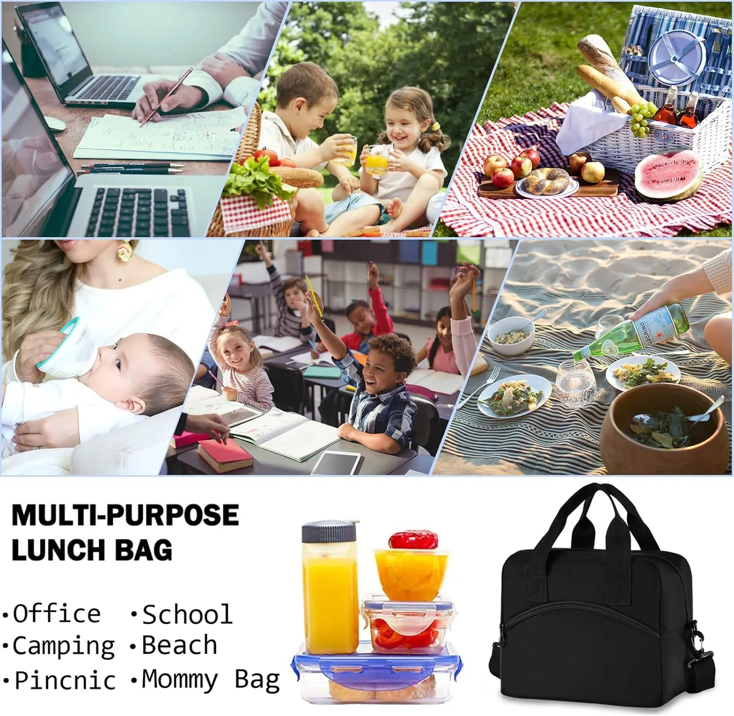 Sport Baseball Print Pattern Insulated Lunch Tote Bag Reusable Cooler Lunch Box with Shoulder Strap for Women Men Work Picnic School Beach