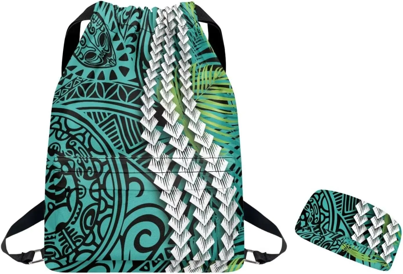Sports Drawstring Backpack and Sports Headband Set, Gym Bag Polynesian Green Print,Large String Bag Cinch Sackpack with Side & Inner Pocket/Shoes Compartment for Beach Pool Swim Workout