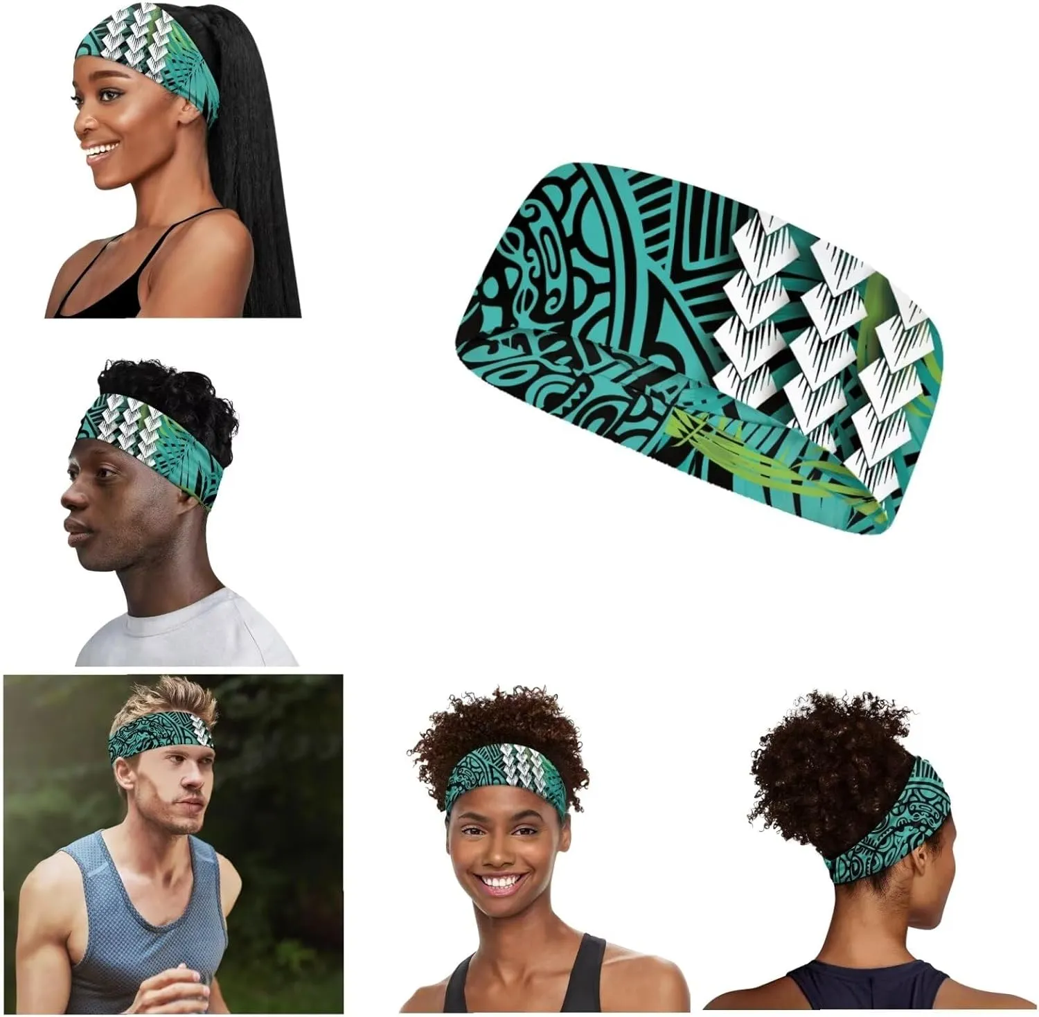 Sports Drawstring Backpack and Sports Headband Set, Gym Bag Polynesian Green Print,Large String Bag Cinch Sackpack with Side & Inner Pocket/Shoes Compartment for Beach Pool Swim Workout