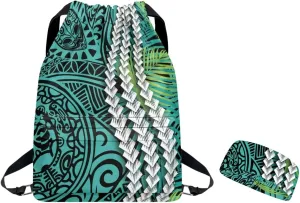 Sports Drawstring Backpack and Sports Headband Set, Gym Bag Polynesian Green Print,Large String Bag Cinch Sackpack with Side & Inner Pocket/Shoes Compartment for Beach Pool Swim Workout
