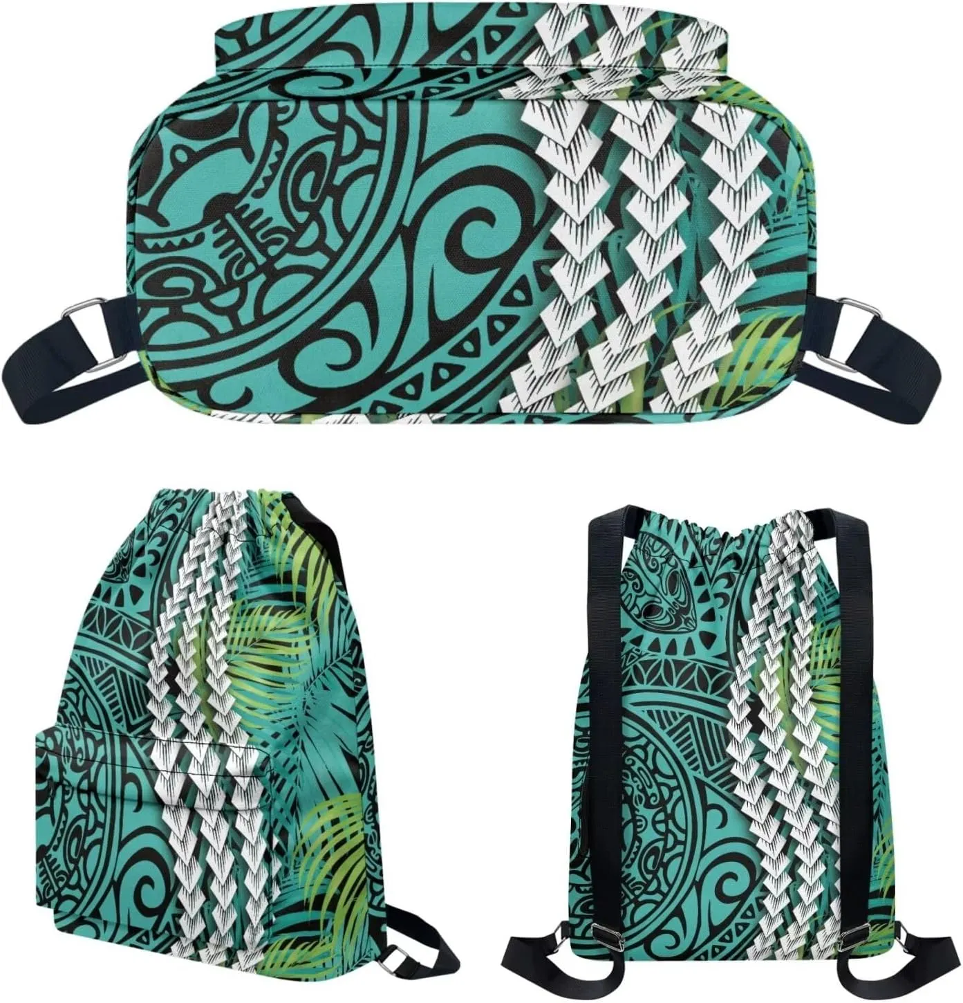 Sports Drawstring Backpack and Sports Headband Set, Gym Bag Polynesian Green Print,Large String Bag Cinch Sackpack with Side & Inner Pocket/Shoes Compartment for Beach Pool Swim Workout