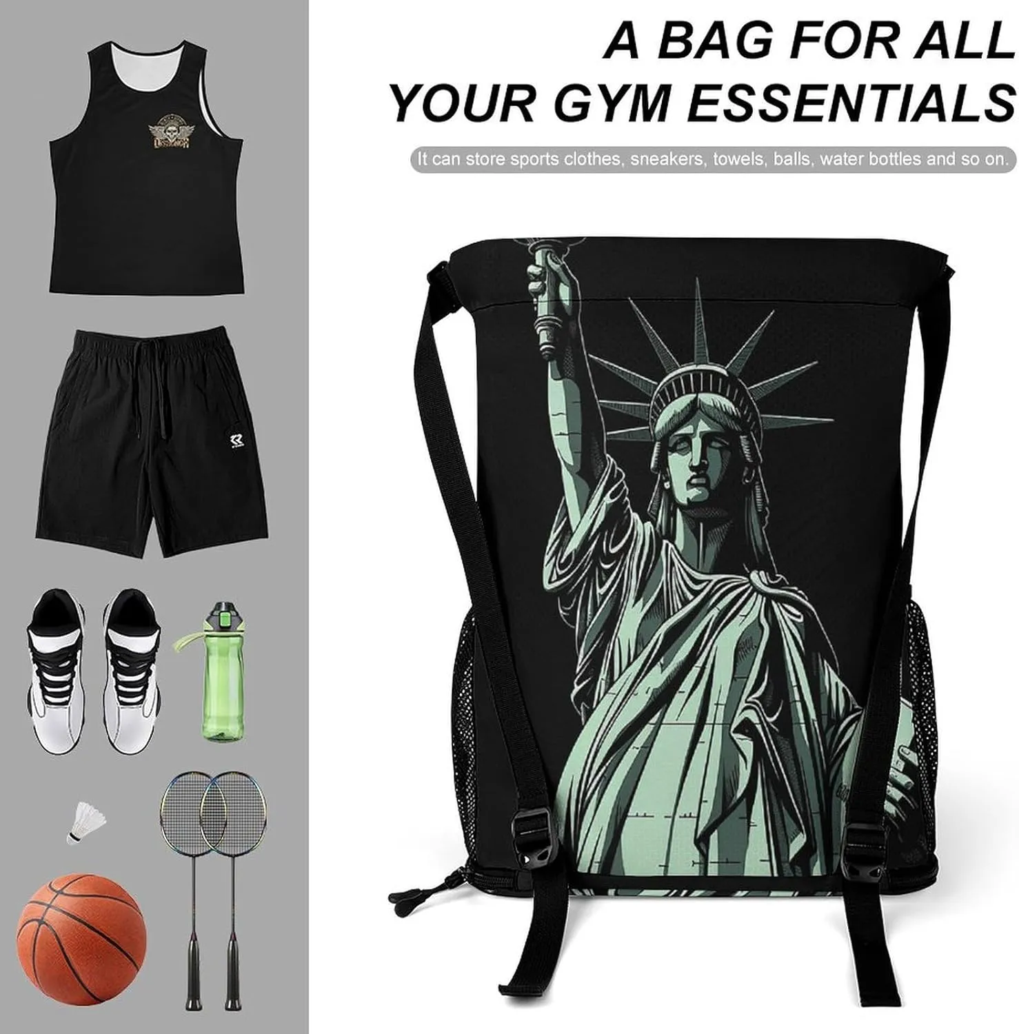 Sports Drawstring Backpack Lightweight Small Gym Bag Statue of Liberty Pattern Gym Sackpack for Women Men