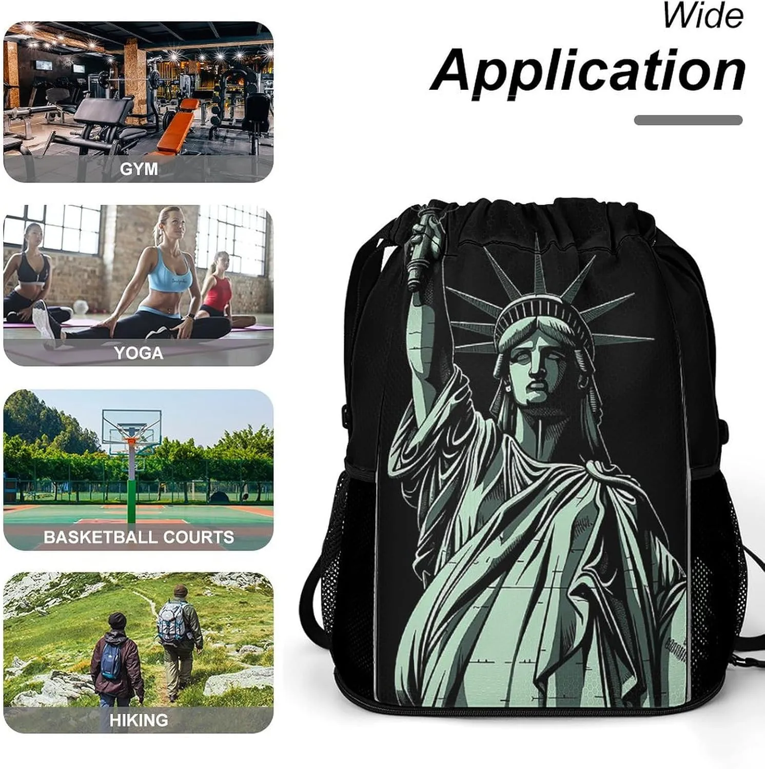 Sports Drawstring Backpack Lightweight Small Gym Bag Statue of Liberty Pattern Gym Sackpack for Women Men