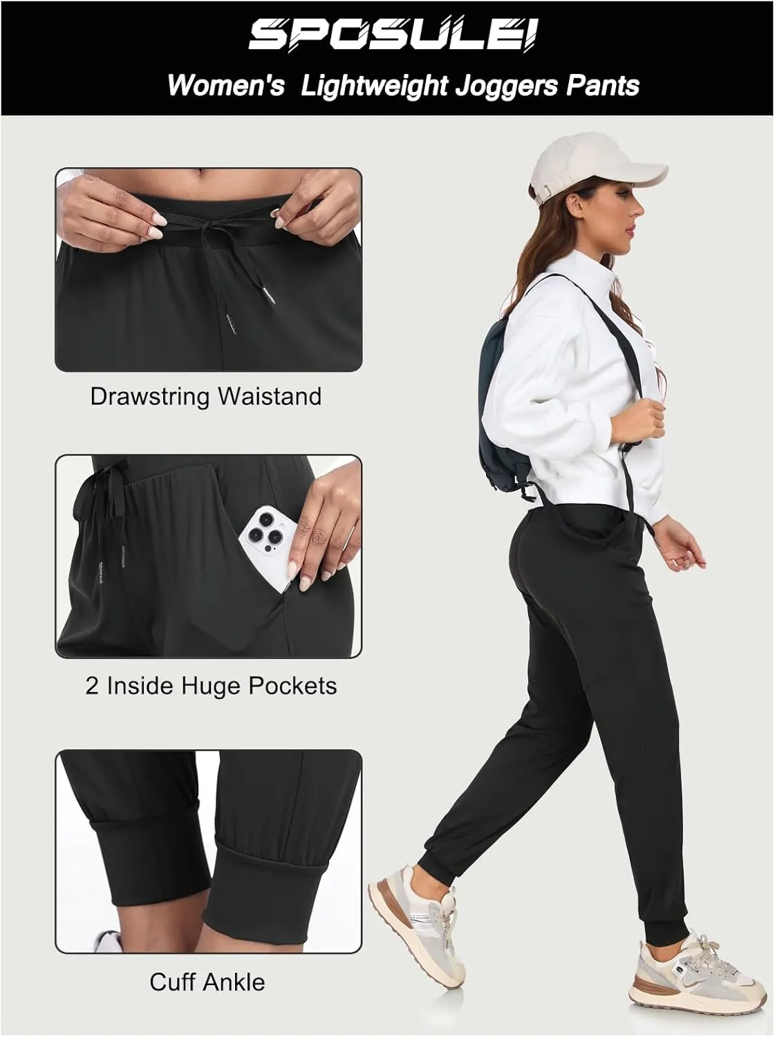 SPOSULEI Womens Joggers 27''/29''/31'' Stretch Lightweight Athletic Lounge Sweatpants Tapered Running Travel Pants