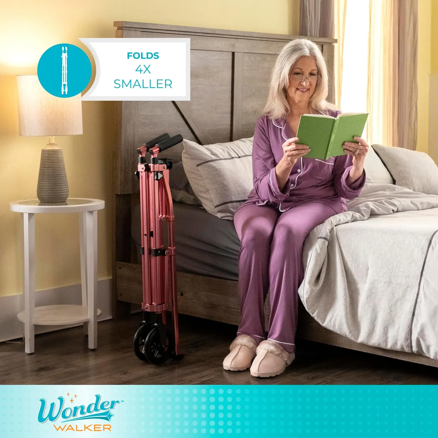 Stander Wonder Walker Short, Junior Lightweight Foldable Space Saver Rolling Walker for Adults, Seniors, and Elderly, Petite Walker with 6-inch Wheels and Ski Glides for Mobility Support, Regal Rose