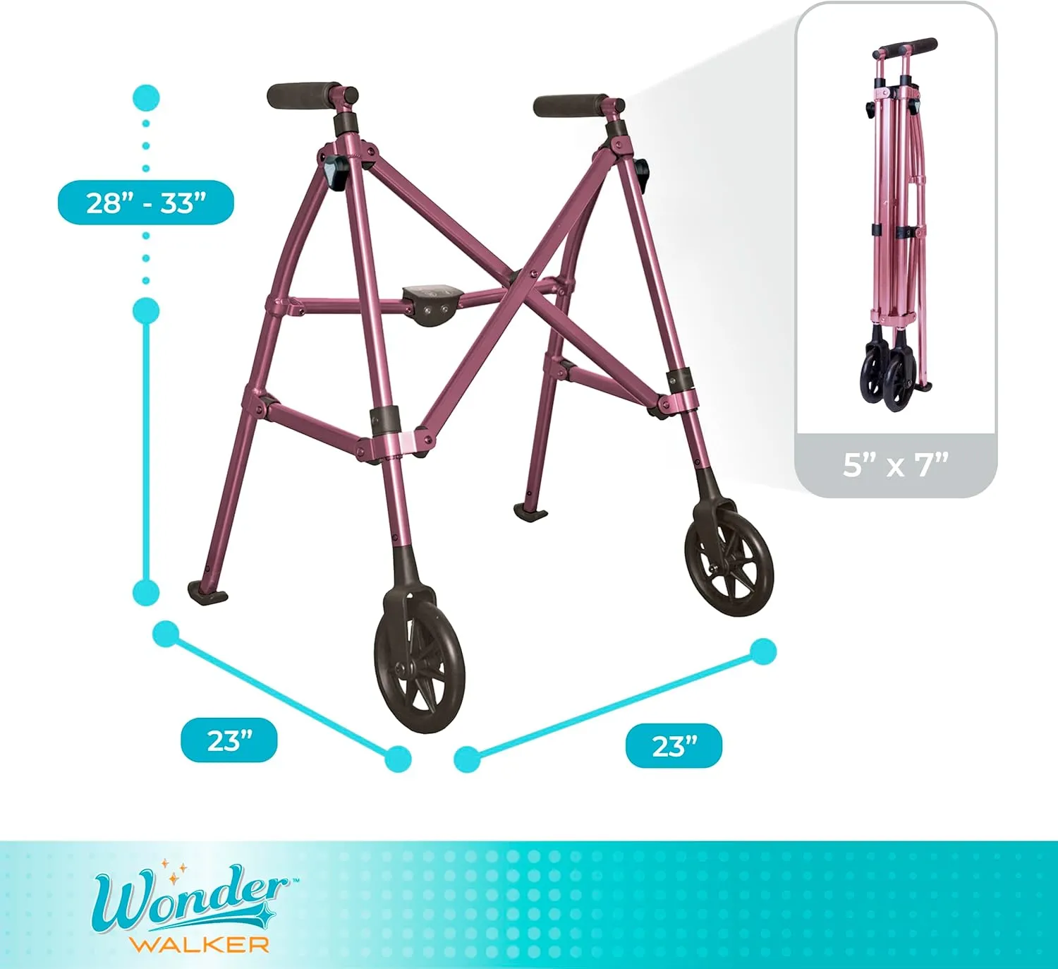 Stander Wonder Walker Short, Junior Lightweight Foldable Space Saver Rolling Walker for Adults, Seniors, and Elderly, Petite Walker with 6-inch Wheels and Ski Glides for Mobility Support, Regal Rose