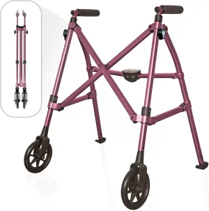 Stander Wonder Walker Short, Junior Lightweight Foldable Space Saver Rolling Walker for Adults, Seniors, and Elderly, Petite Walker with 6-inch Wheels and Ski Glides for Mobility Support, Regal Rose