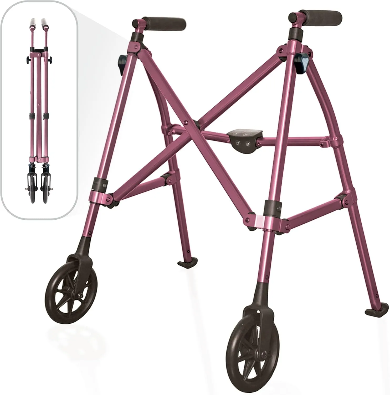 Stander Wonder Walker Short, Junior Lightweight Foldable Space Saver Rolling Walker for Adults, Seniors, and Elderly, Petite Walker with 6-inch Wheels and Ski Glides for Mobility Support, Regal Rose