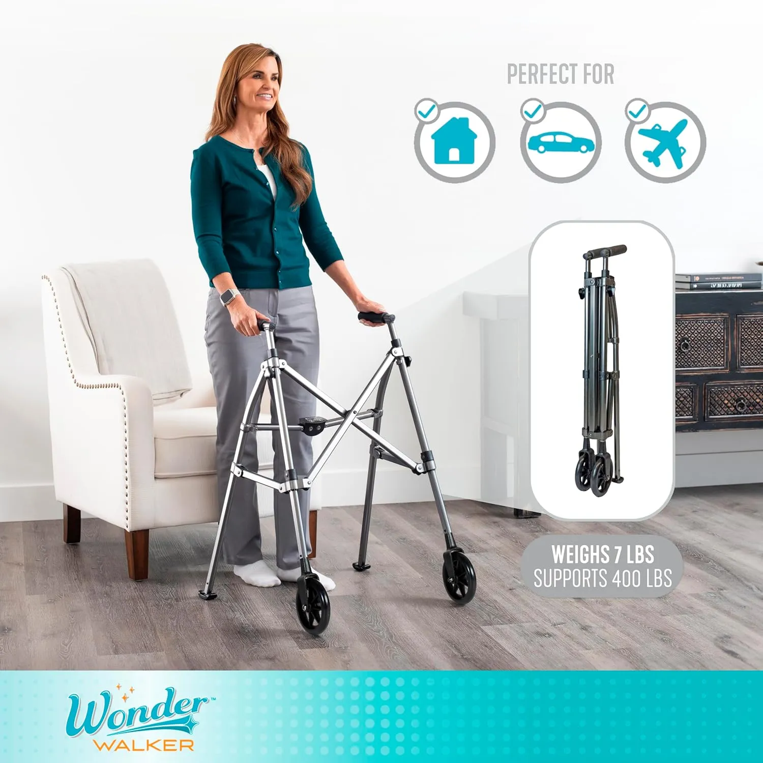 Stander Wonder Walker Short, Junior Lightweight Foldable Space Saver Rolling Walker for Adults, Seniors, and Elderly, Petite Walker with 6-inch Wheels and Ski Glides for Mobility Support, Regal Rose