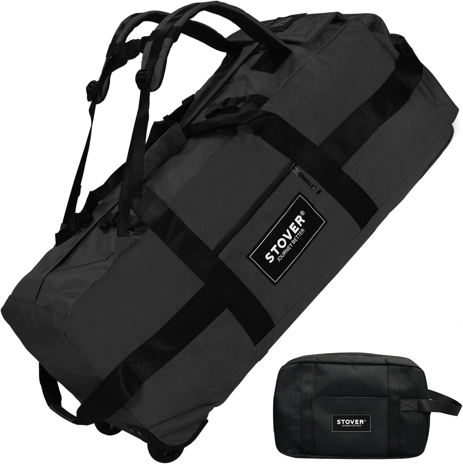 STOVER 100L Rolling Duffel Bag with Wheels, X-Large 32 Inch Durable Travel Duffle   Toiletry Bag, Heavy Duty, Packable w/Shoulder Straps- Use as Luggage or Backpack, Men/Women (Black)