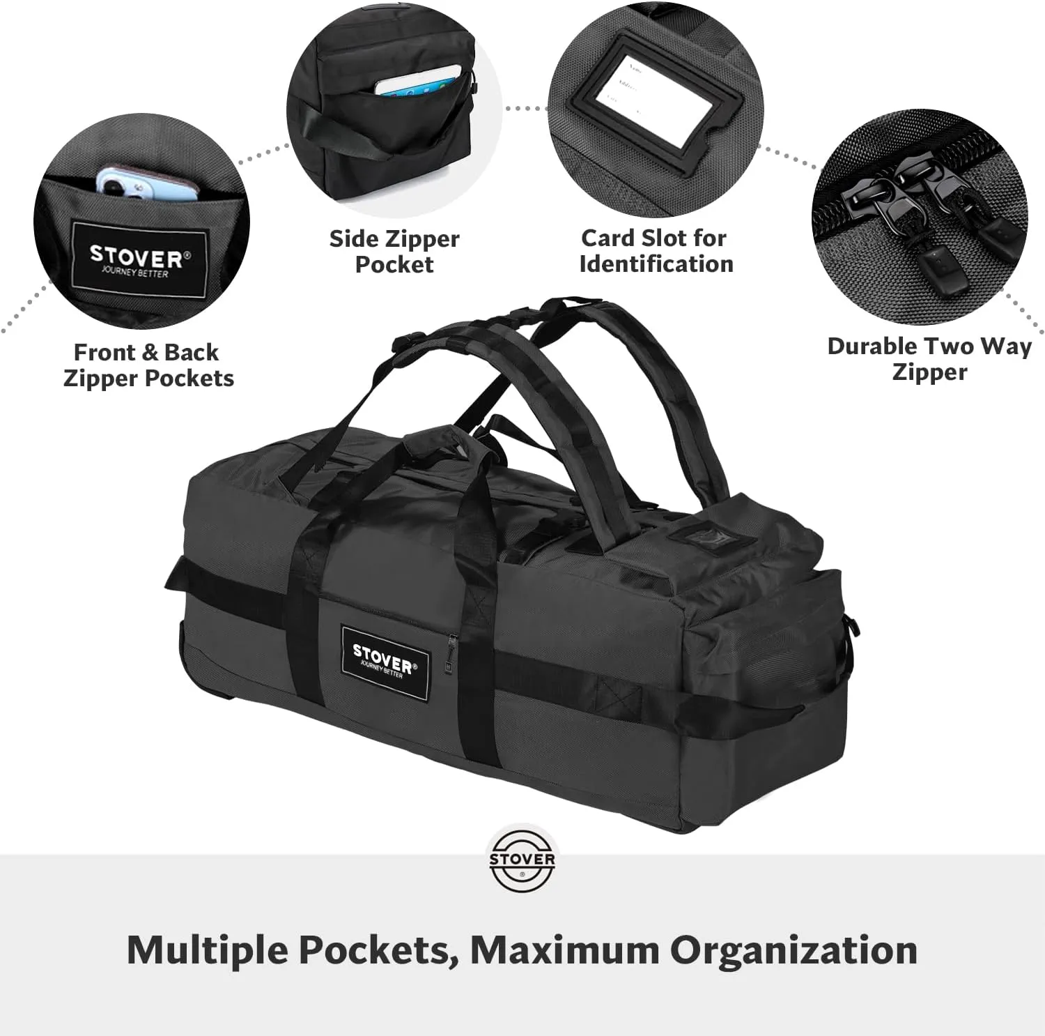 STOVER 100L Rolling Duffel Bag with Wheels, X-Large 32 Inch Durable Travel Duffle   Toiletry Bag, Heavy Duty, Packable w/Shoulder Straps- Use as Luggage or Backpack, Men/Women (Black)