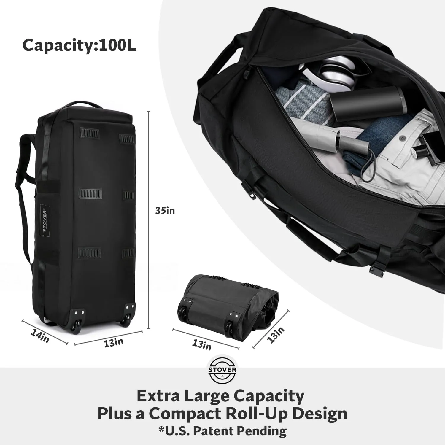 STOVER 100L Rolling Duffel Bag with Wheels, X-Large 32 Inch Durable Travel Duffle   Toiletry Bag, Heavy Duty, Packable w/Shoulder Straps- Use as Luggage or Backpack, Men/Women (Black)