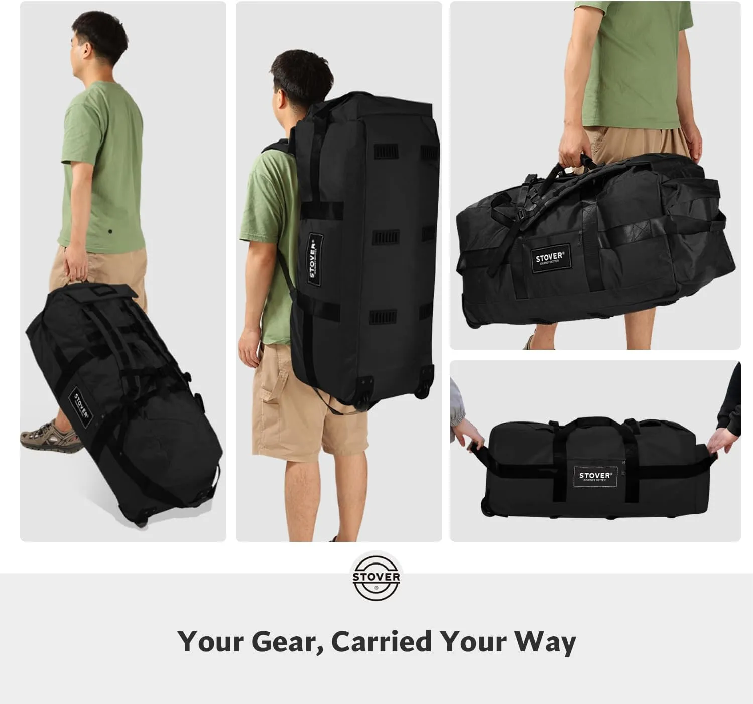STOVER 100L Rolling Duffel Bag with Wheels, X-Large 32 Inch Durable Travel Duffle   Toiletry Bag, Heavy Duty, Packable w/Shoulder Straps- Use as Luggage or Backpack, Men/Women (Black)