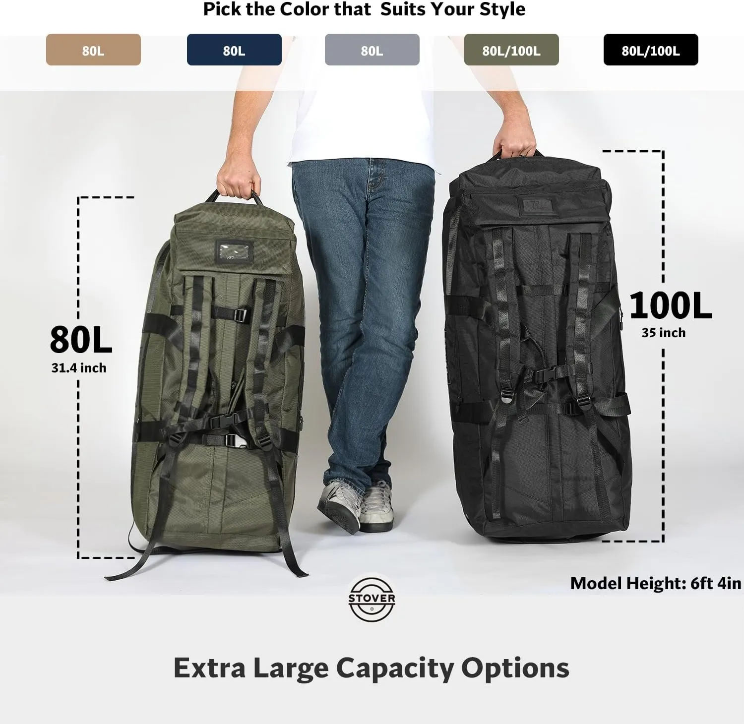 STOVER 100L Rolling Duffel Bag with Wheels, X-Large 32 Inch Durable Travel Duffle   Toiletry Bag, Heavy Duty, Packable w/Shoulder Straps- Use as Luggage or Backpack, Men/Women (Black)