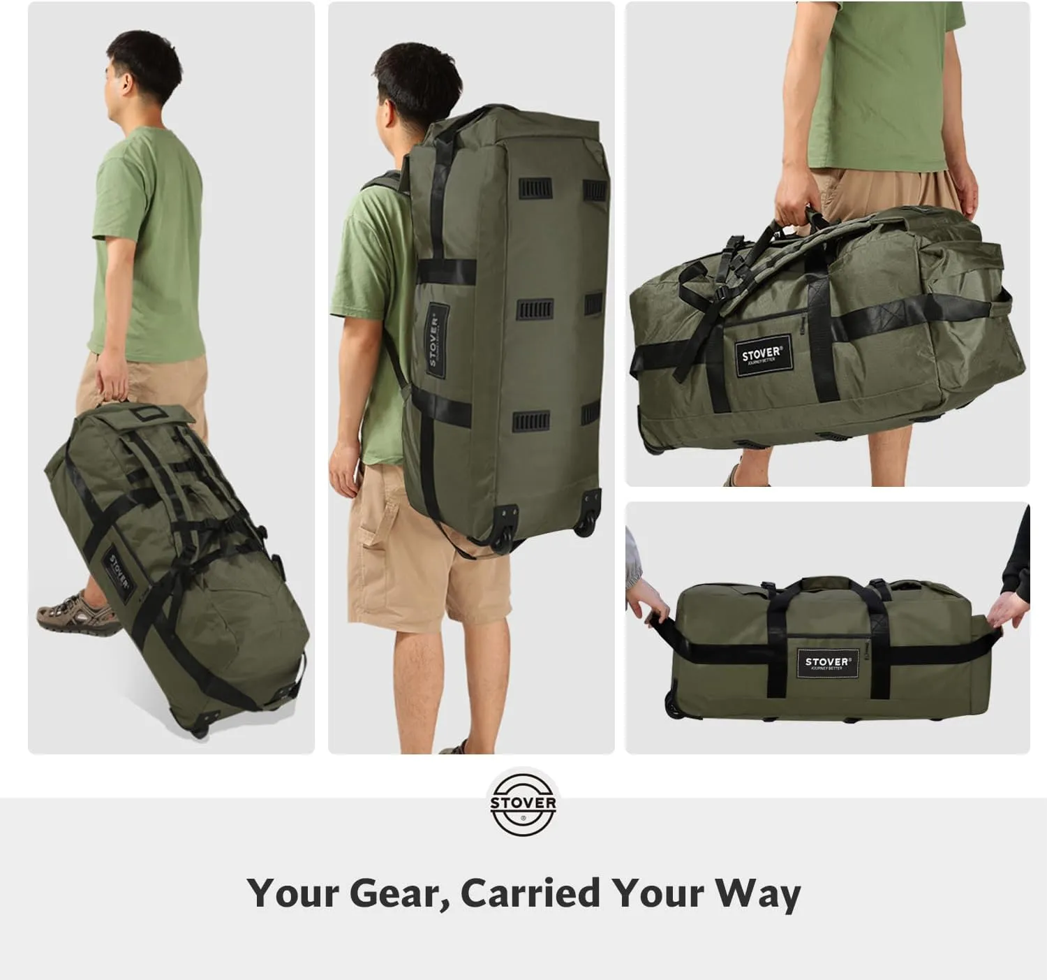 STOVER 100L Rolling Duffel Bag with Wheels, X-Large 35 Inch Durable Travel Duffle   Toiletry Bag, Heavy Duty, Packable w/Shoulder Straps- Use as Luggage or Backpack, Men/Women (Green)