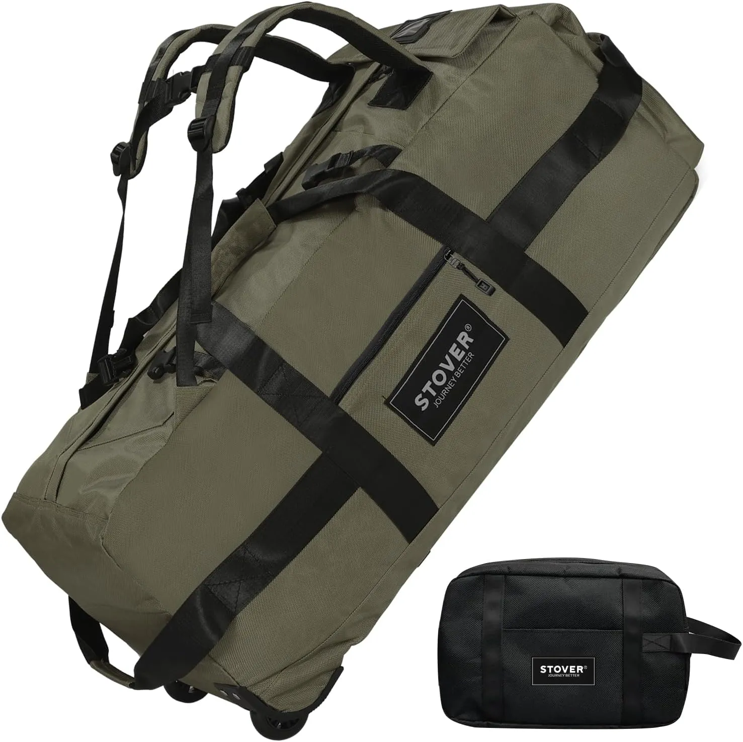 STOVER 100L Rolling Duffel Bag with Wheels, X-Large 35 Inch Durable Travel Duffle   Toiletry Bag, Heavy Duty, Packable w/Shoulder Straps- Use as Luggage or Backpack, Men/Women (Green)