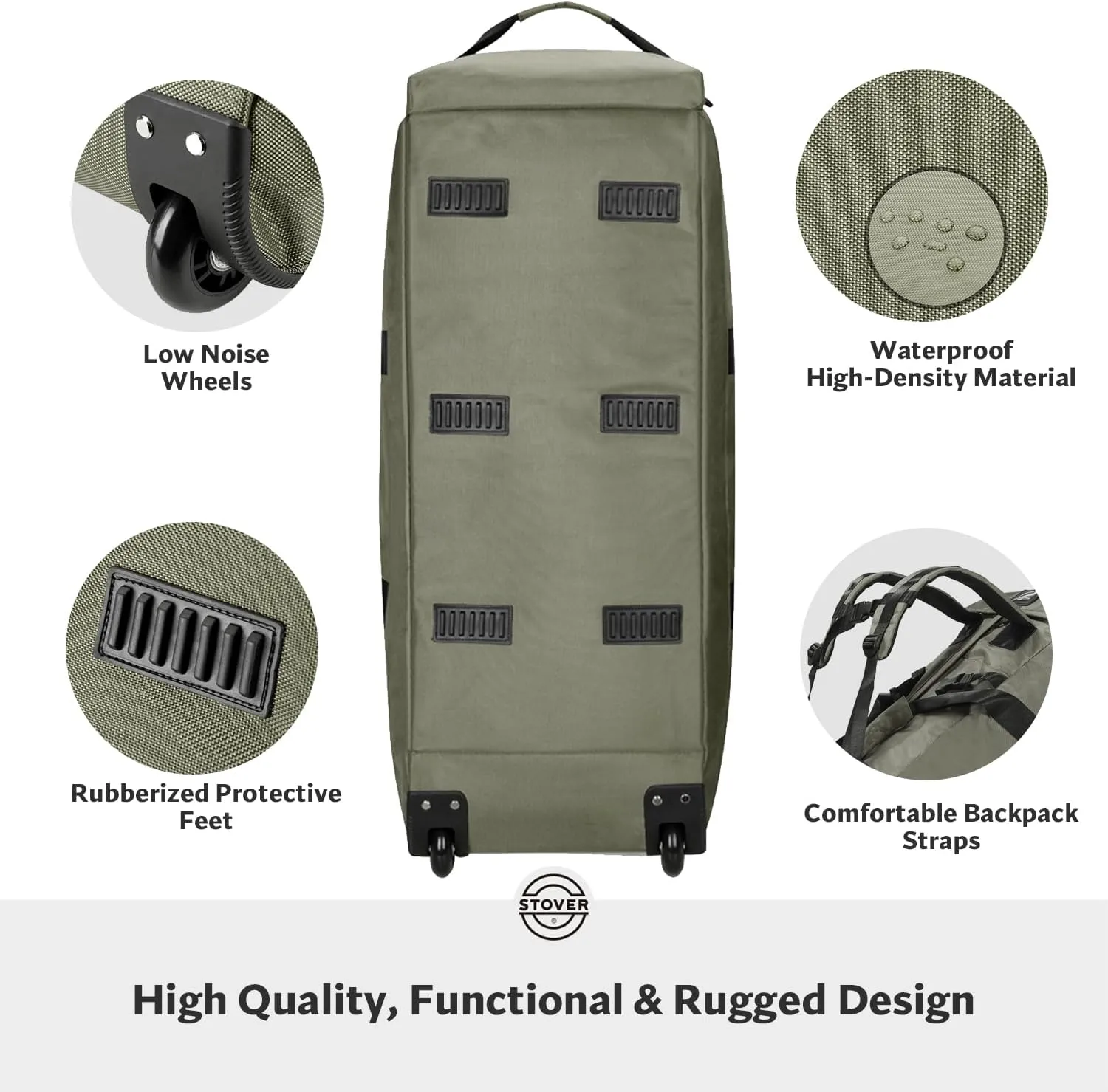 STOVER 100L Rolling Duffel Bag with Wheels, X-Large 35 Inch Durable Travel Duffle   Toiletry Bag, Heavy Duty, Packable w/Shoulder Straps- Use as Luggage or Backpack, Men/Women (Green)