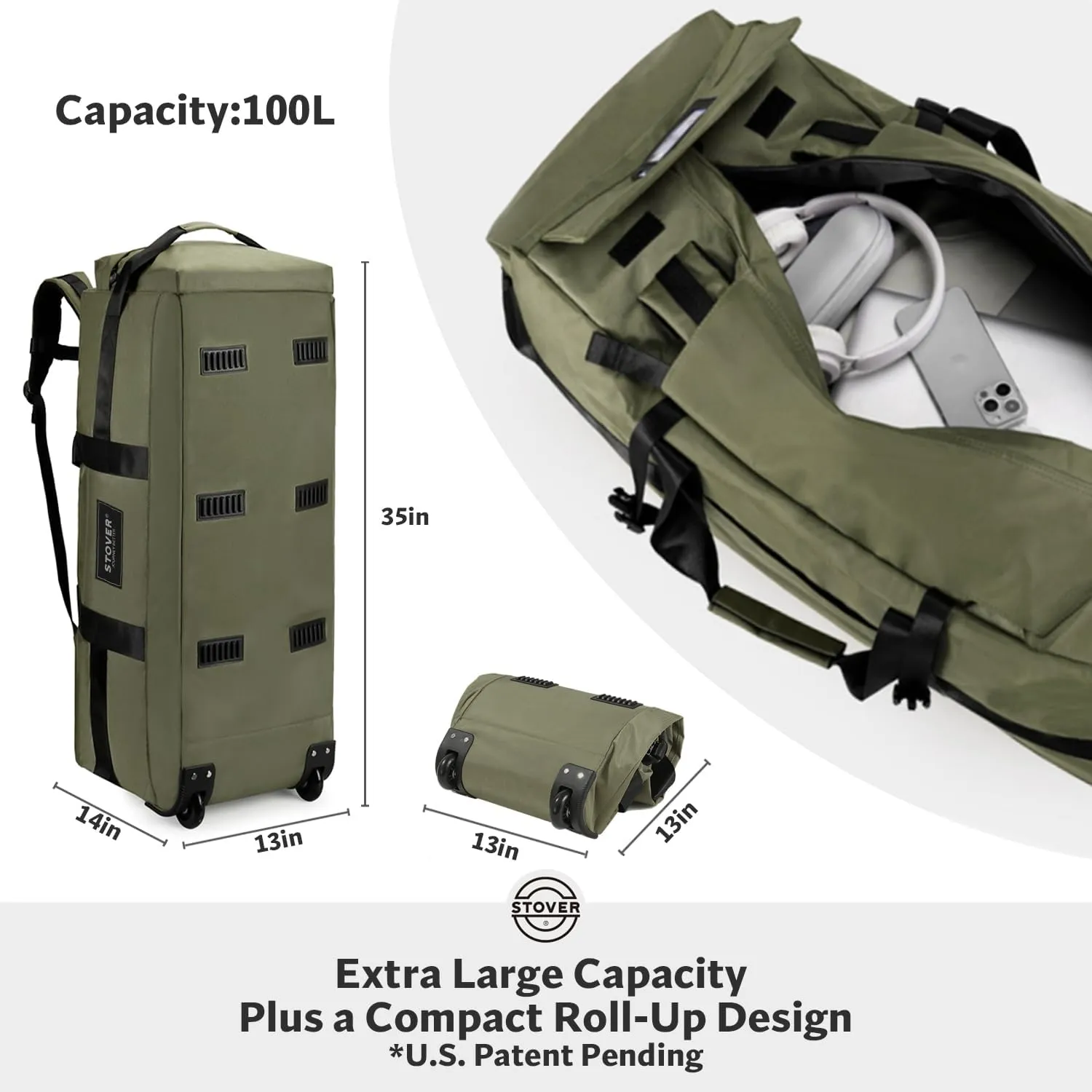 STOVER 100L Rolling Duffel Bag with Wheels, X-Large 35 Inch Durable Travel Duffle   Toiletry Bag, Heavy Duty, Packable w/Shoulder Straps- Use as Luggage or Backpack, Men/Women (Green)