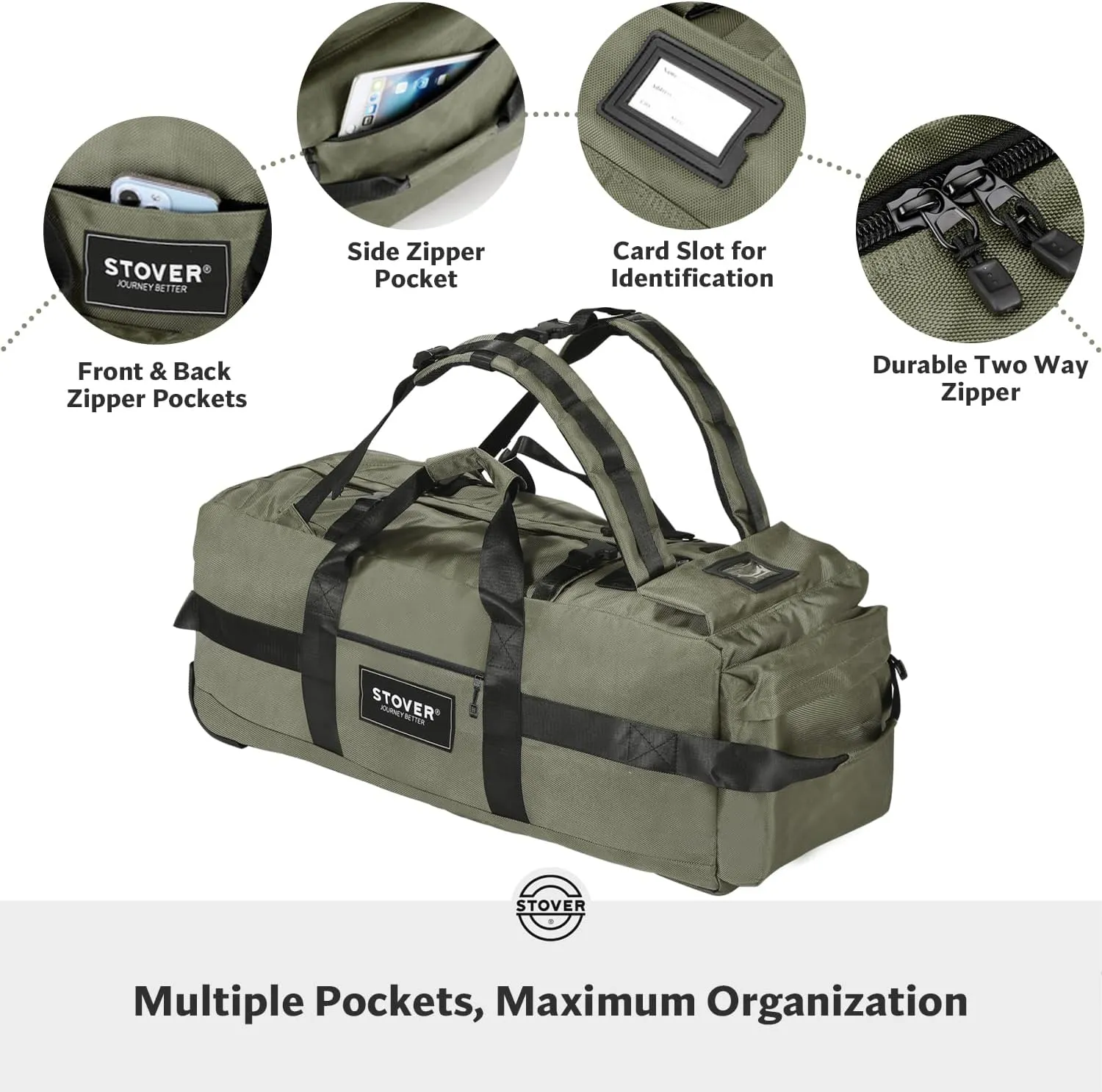 STOVER 100L Rolling Duffel Bag with Wheels, X-Large 35 Inch Durable Travel Duffle   Toiletry Bag, Heavy Duty, Packable w/Shoulder Straps- Use as Luggage or Backpack, Men/Women (Green)