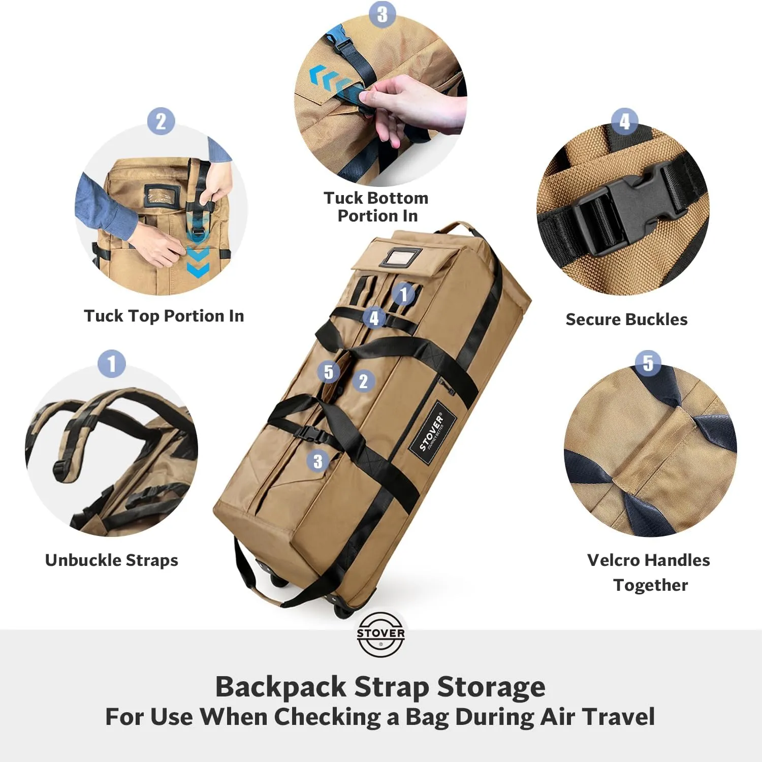 STOVER 80L Rolling Duffel Bag with Wheels, Extra Large 31 Inch Durable Travel Duffle Bag- Rugged, Collapsible, Rollable Design w/Shoulder Straps- Use as Luggage or Backpack for Men/Women (Tan)
