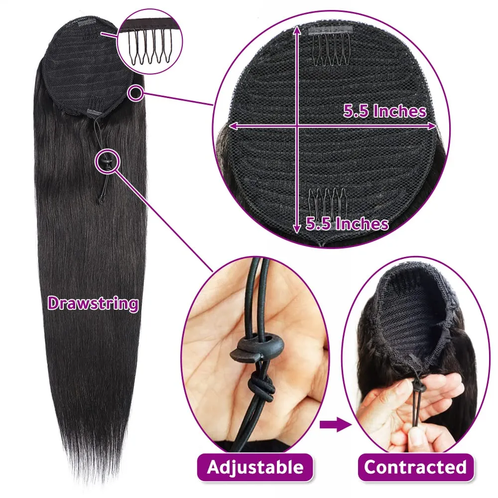Straight Human Hair Ponytail Drawstring 1 Piece, 100% Ponytails Extension for Women, Brazilian Straight Hair Natural Color (26", Wrap Drawstring)