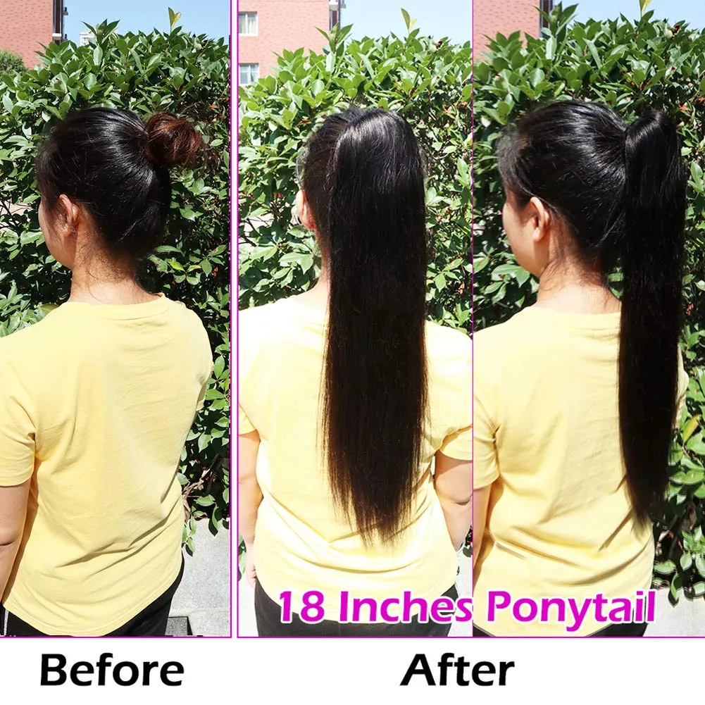 Straight Human Hair Ponytail Drawstring 1 Piece, 100% Ponytails Extension for Women, Brazilian Straight Hair Natural Color (26", Wrap Drawstring)