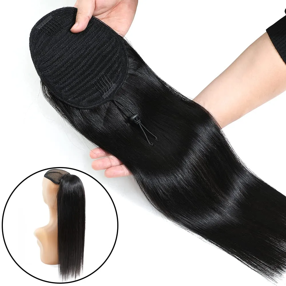 Straight Human Hair Ponytail Drawstring 1 Piece, 100% Ponytails Extension for Women, Brazilian Straight Hair Natural Color (26", Wrap Drawstring)