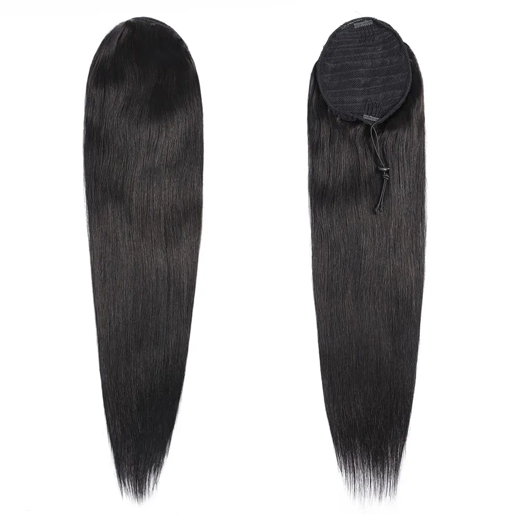 Straight Human Hair Ponytail Drawstring 1 Piece, 100% Ponytails Extension for Women, Brazilian Straight Hair Natural Color (26", Wrap Drawstring)