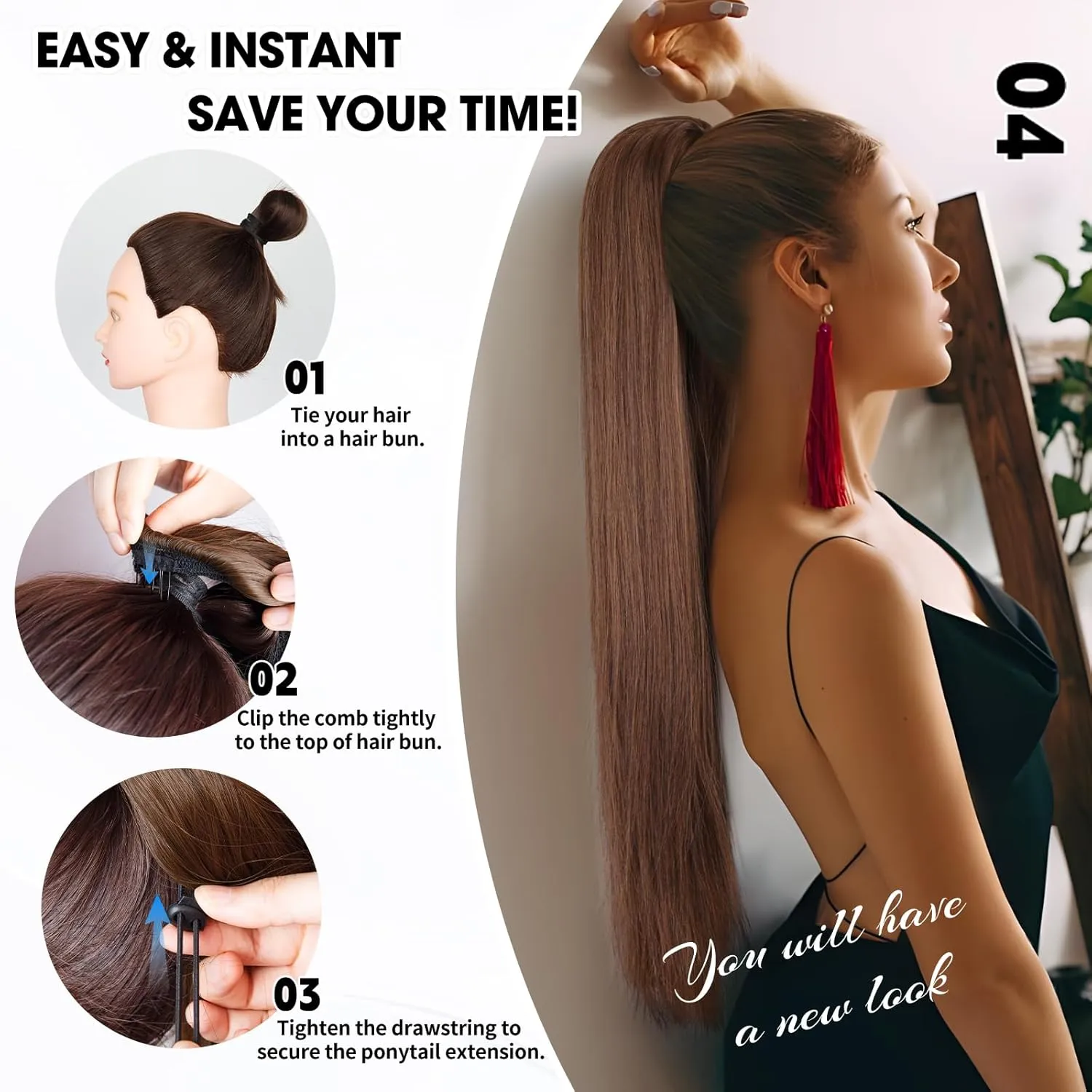 Straight Ponytail Extension for Women, 26 Inch Long Ombre Pony Tails Hair Extensions, Drawstring Ponytail for Black Women, Soft Synthetic Hair Extensions Ponytail for Daily Use (Color: 35A#)