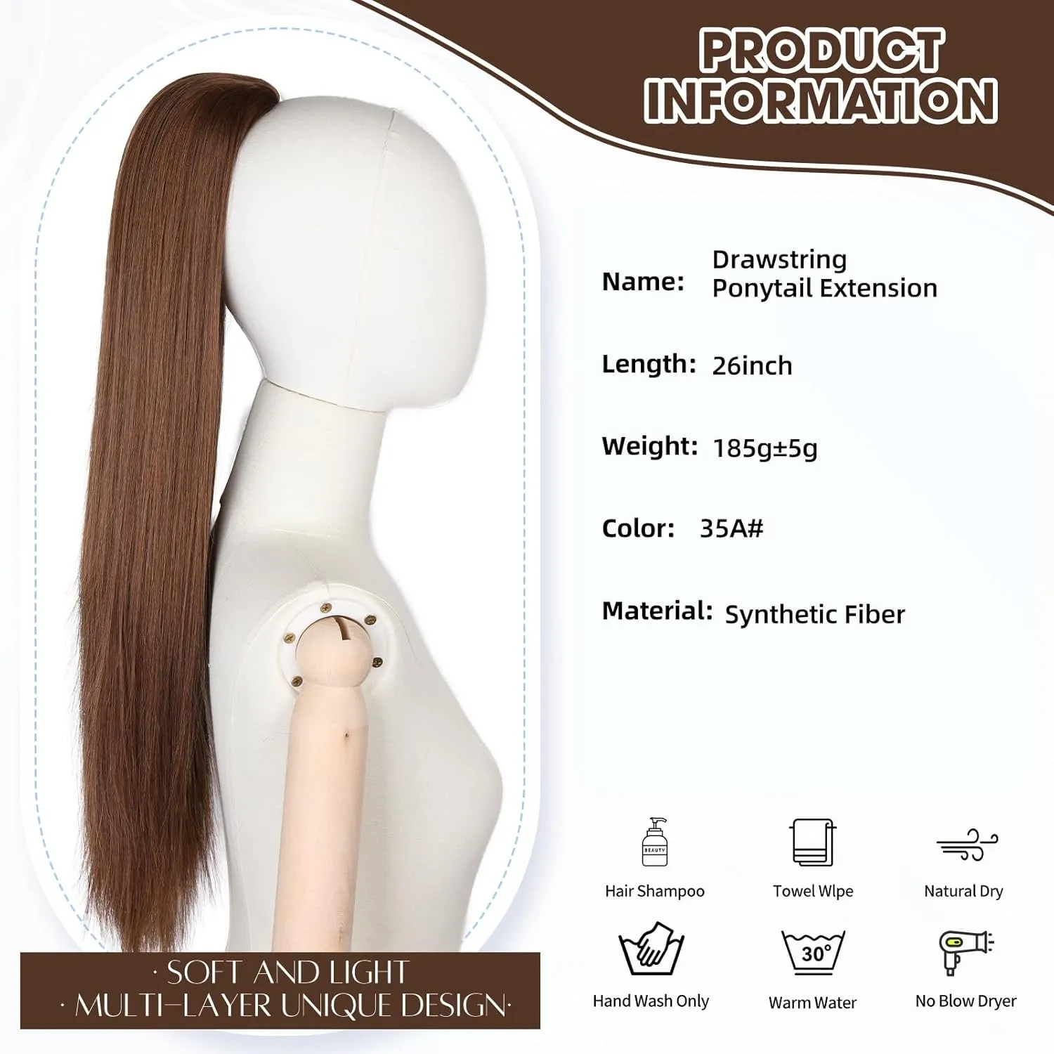 Straight Ponytail Extension for Women, 26 Inch Long Ombre Pony Tails Hair Extensions, Drawstring Ponytail for Black Women, Soft Synthetic Hair Extensions Ponytail for Daily Use (Color: 35A#)