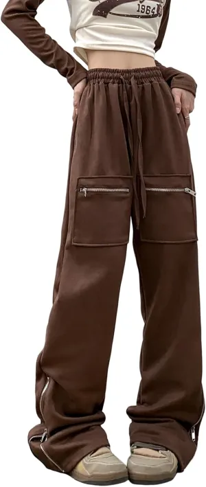 Suede Harajuku Pants for Women High Waist Sweatpants Streetwear Joggers Hip Hop Dance Flare Pant with Pockets