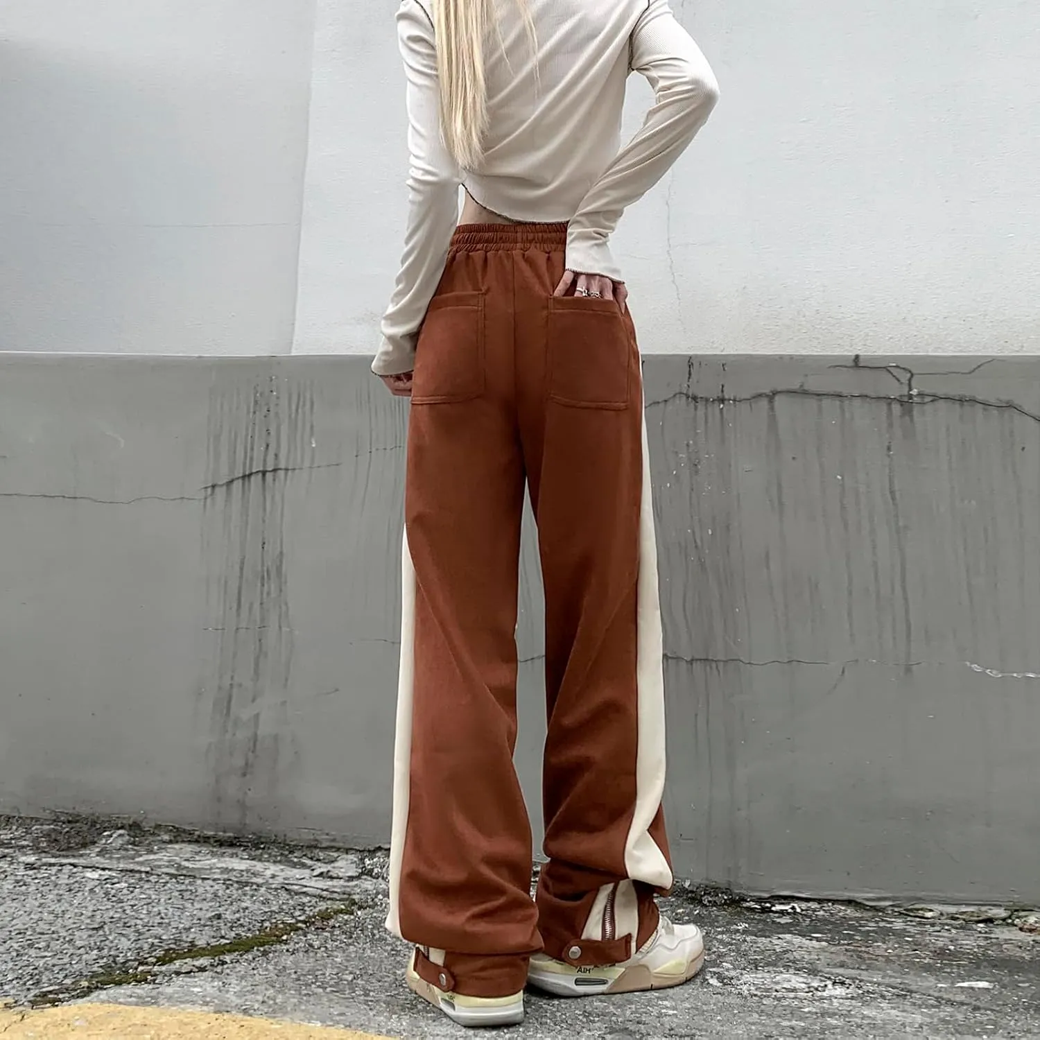Suede Harajuku Pants for Women High Waist Sweatpants Streetwear Joggers Hip Hop Dance Flare Pant with Pockets
