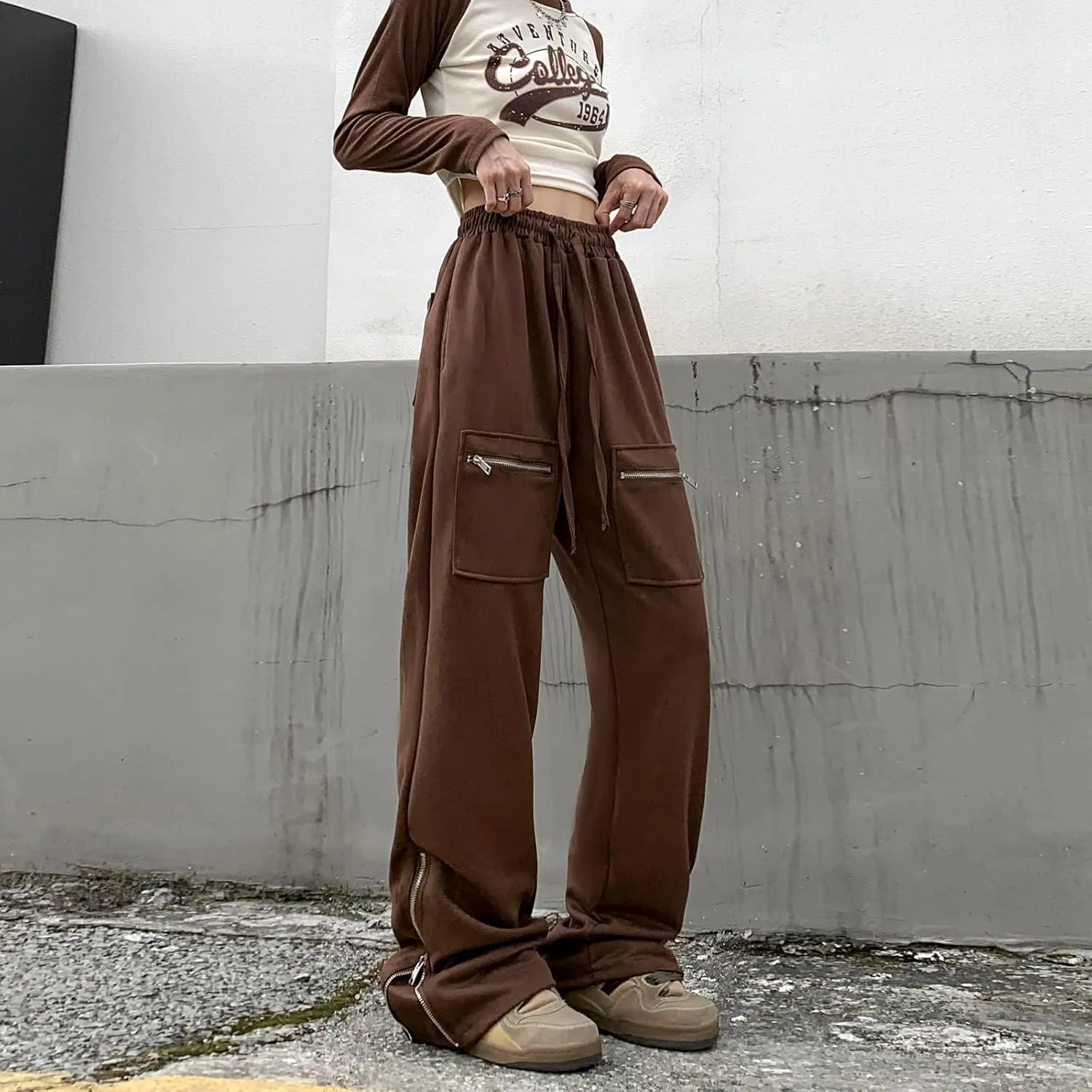 Suede Harajuku Pants for Women High Waist Sweatpants Streetwear Joggers Hip Hop Dance Flare Pant with Pockets